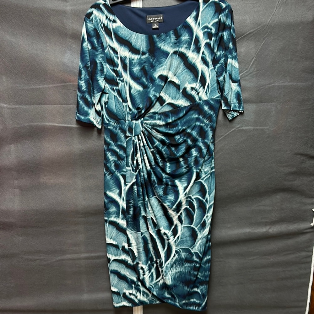 Elegant blue feather pattern dress, Connected Apparel, size 10